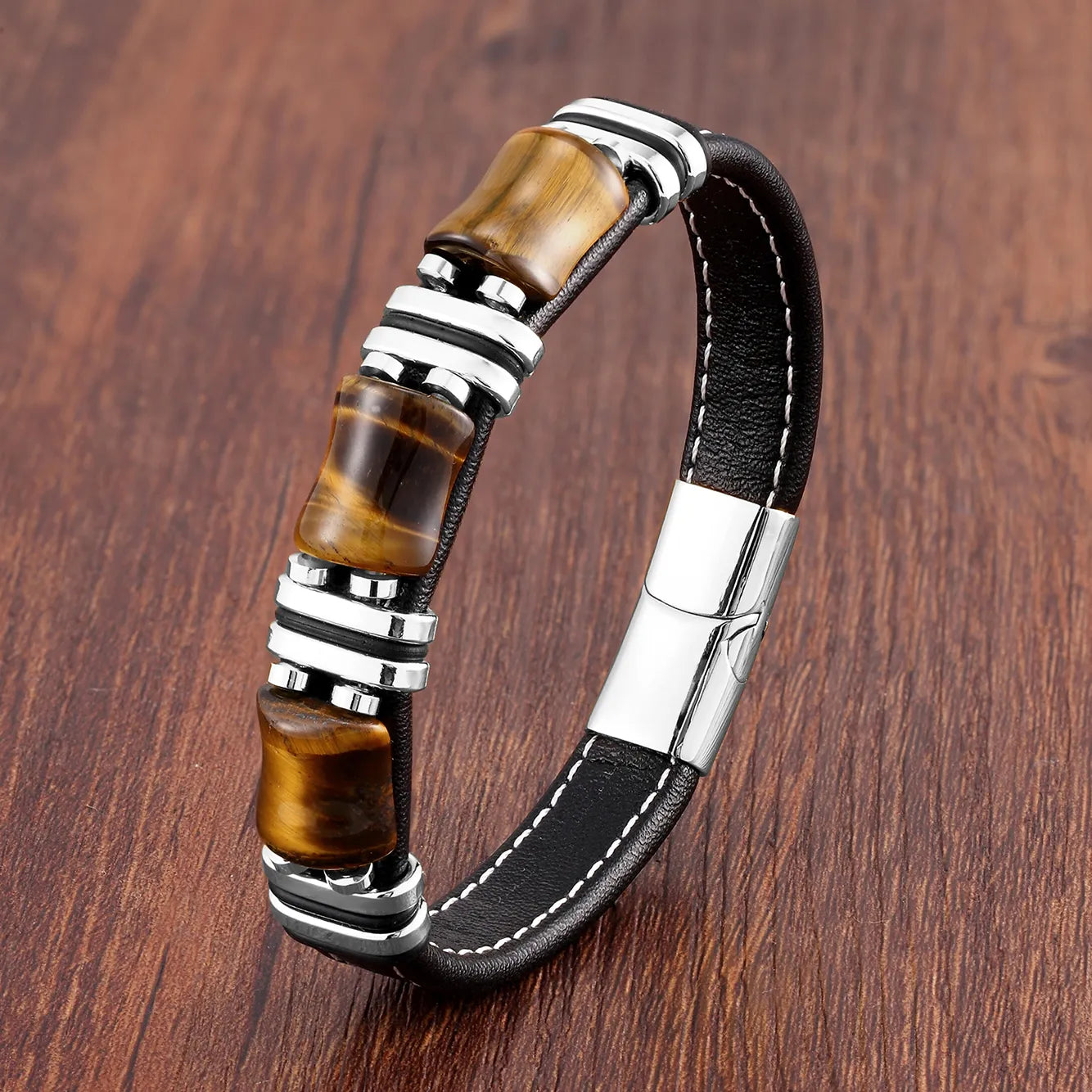 Bracelet Leather Gold | Tiger Eye Beaded Men’s Jewelry