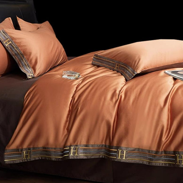 Juego de ropa de cama gris bordado de satén de algodón