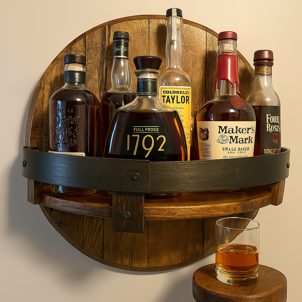 Mensola da parete rustica in rovere per bottiglie di whisky