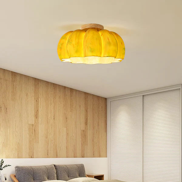 Brighten Your Space with a Charming Yellow Pumpkin Ceiling Light Fixture - Perfect for Home Decor and Unique Lighting Solutions