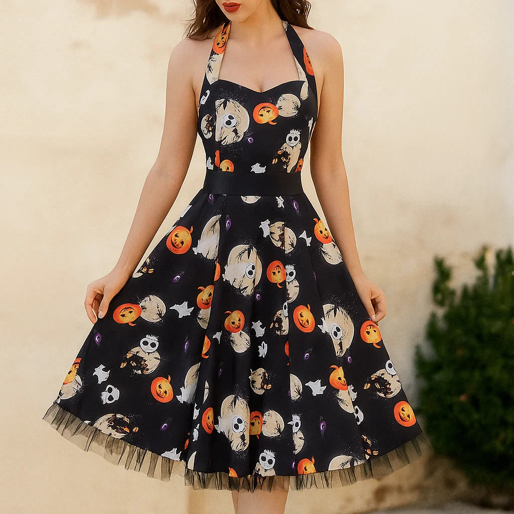 Vestido de Disfraz Vintage de Halloween para Mujer | Mini Calabaza sin Mangas