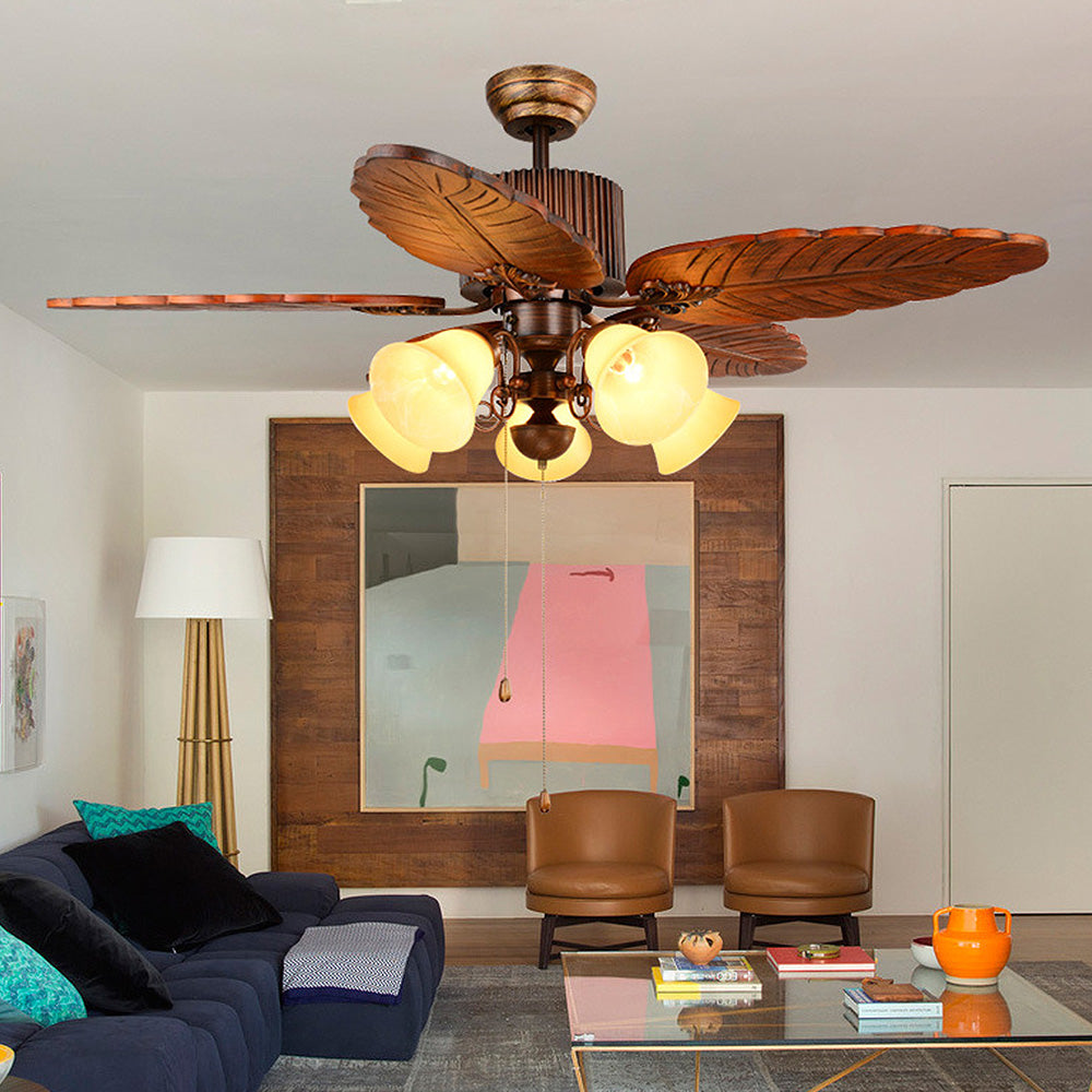 Brown Vintage Wooden Floral Ceiling Fan with Integrated Lighting for Stylish Home Décor