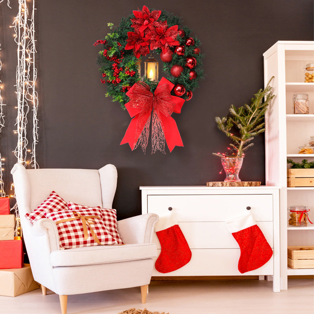 Elegant Red Christmas Wreath Decoration with LED Fairy Lights for a Festive Holiday Atmosphere