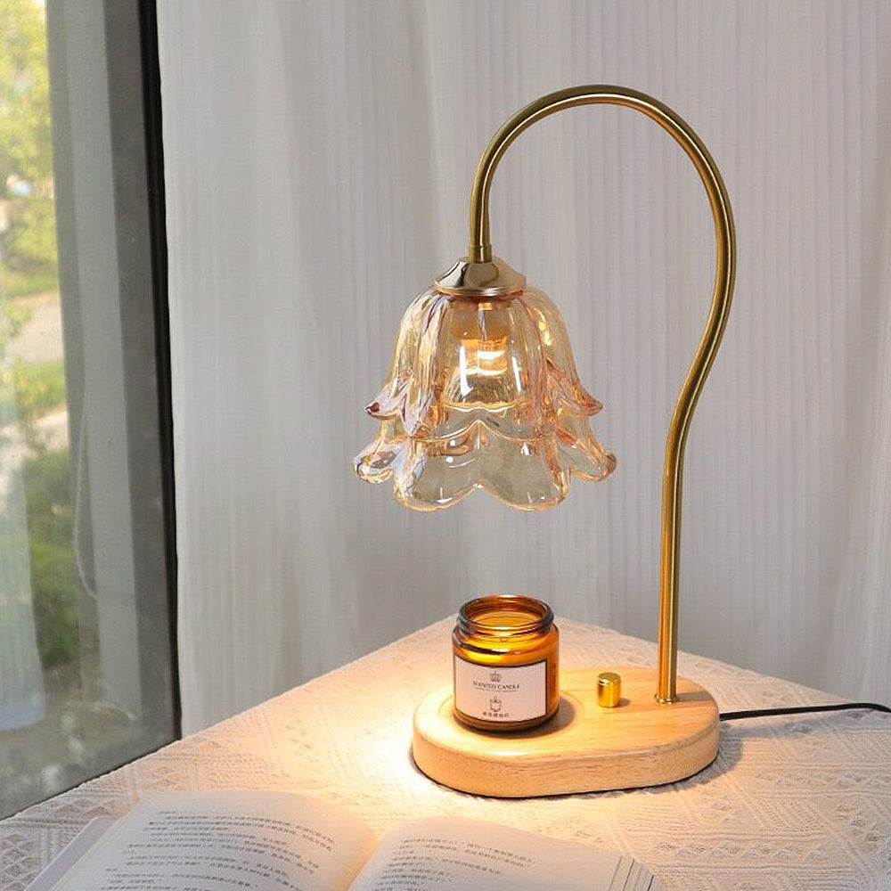 Vintage Floral Glass Candle Lamp with Wooden Base for Warm Ambient Lighting