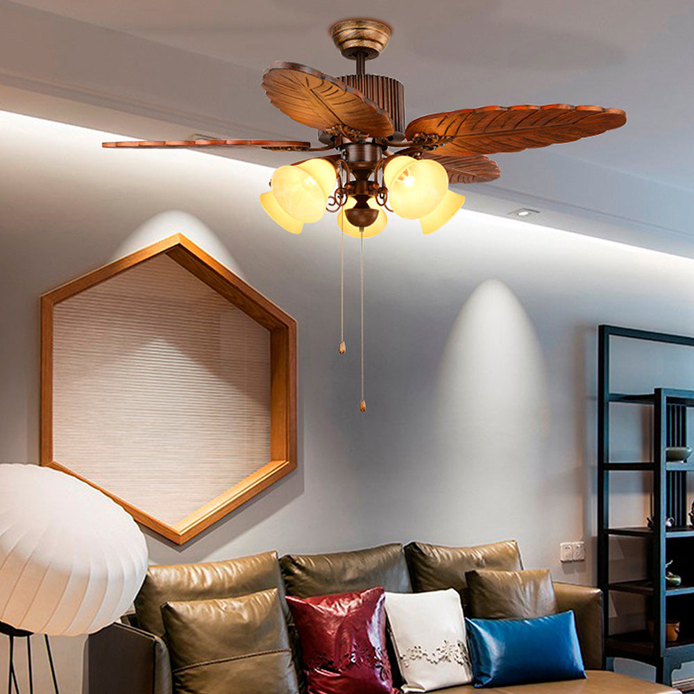 Brown Vintage Wooden Floral Ceiling Fan with Integrated Lighting for Stylish Home Décor