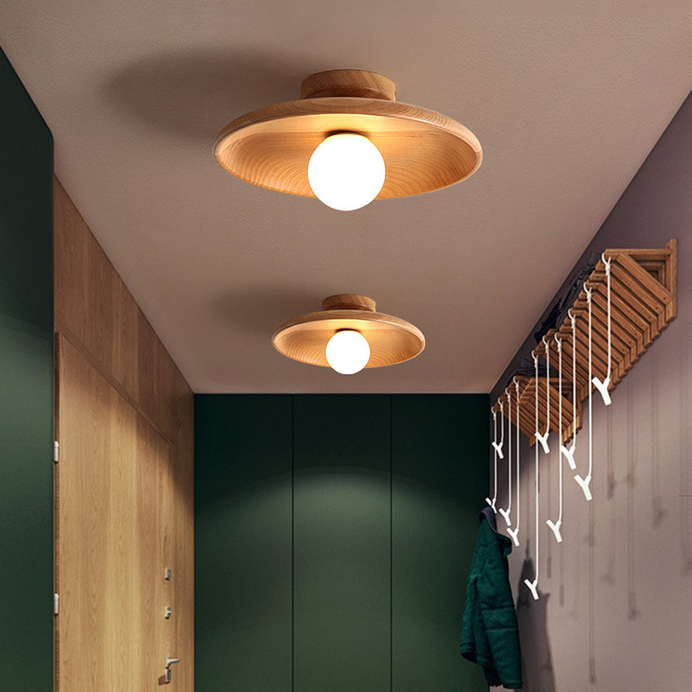 Nordic Wood Minimalist Round Ceiling Light for Hallway - Elegant Natural Design for Modern Interiors