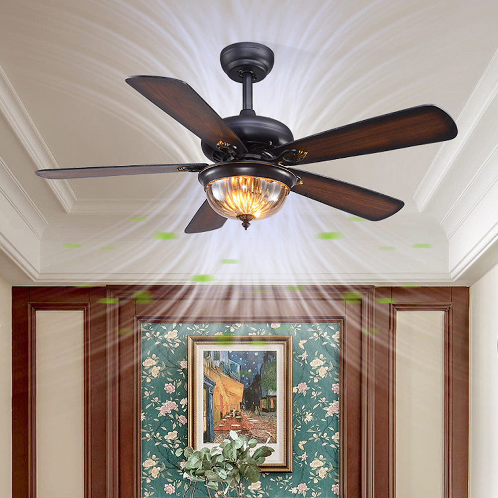 Vintage Wood Design Flush Ceiling Fan with Integrated LED Light for Stylish Home Illumination and Air Circulation