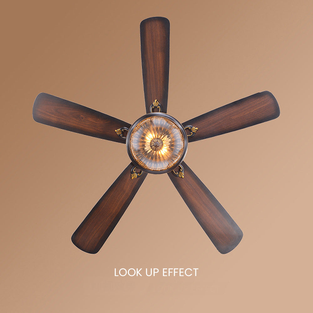 Vintage Wood Design Flush Ceiling Fan with Integrated LED Light for Stylish Home Illumination and Air Circulation