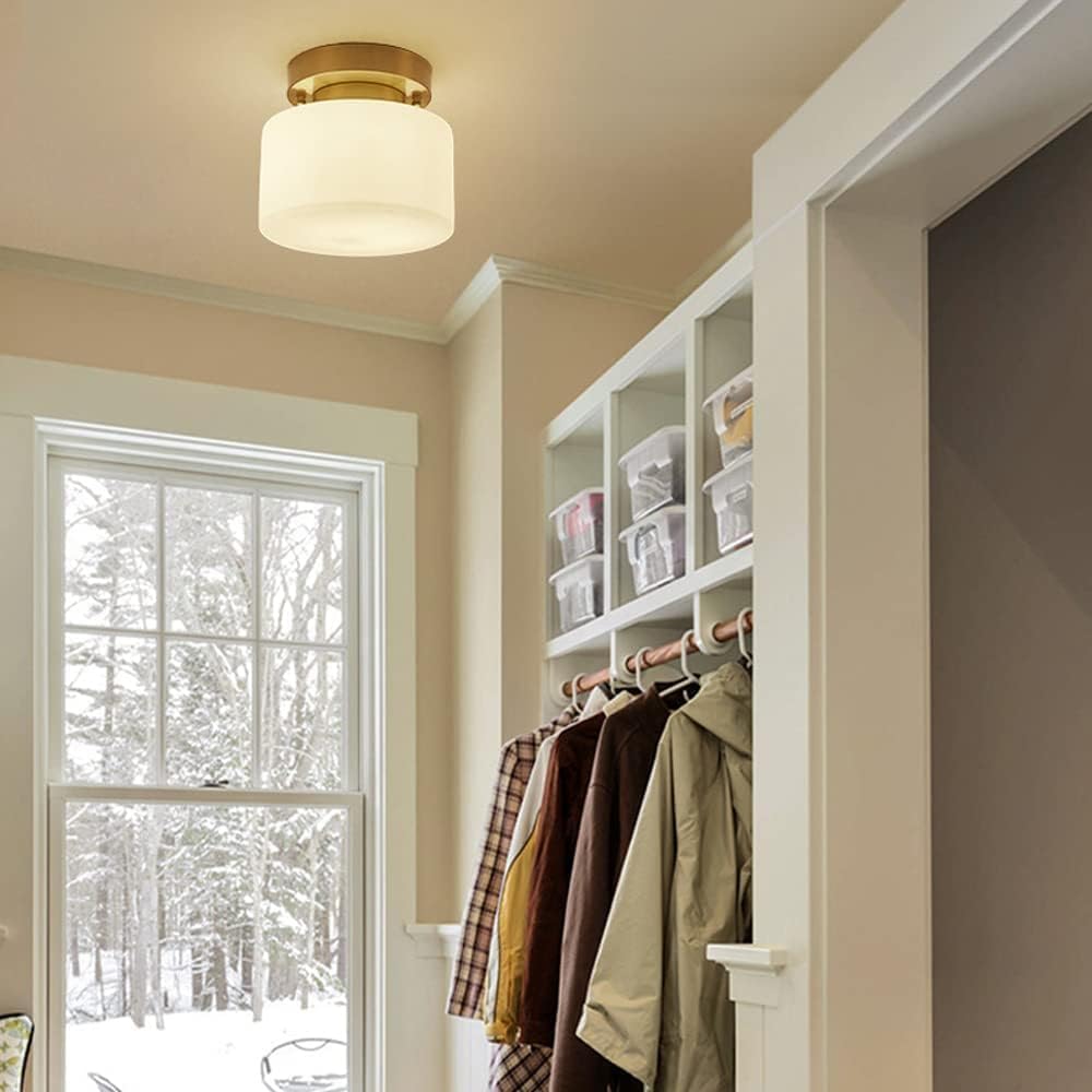 Elegant Minimalist Brass and White Semi-Flush Ceiling Light Fixture for Modern Home Interiors and Stylish Spaces