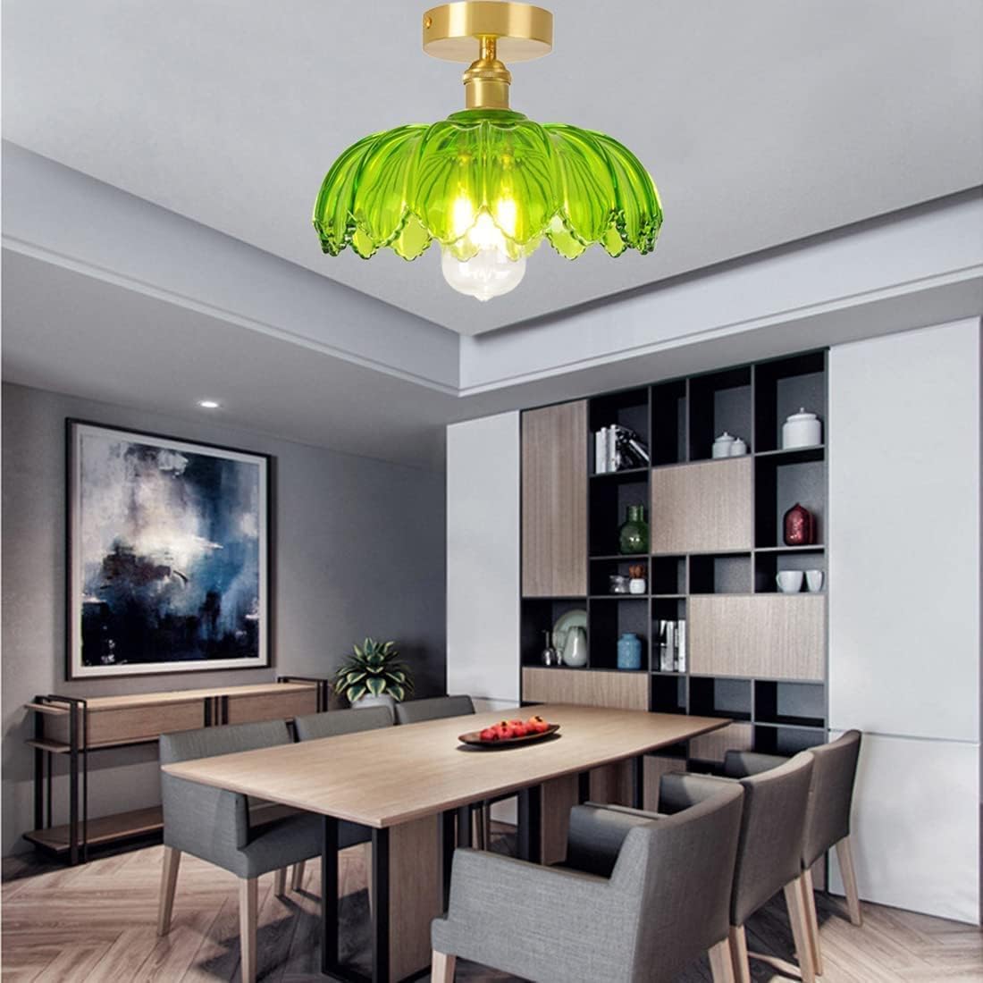 Elegant Minimalist Green Glass Semi-Flush Ceiling Light Fixture for Contemporary Home Décor and Ambient Illumination