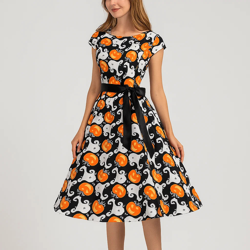 Halloween Kürbis Kostüm Kleid | Tailliert und ausgestelltes Midikleid
