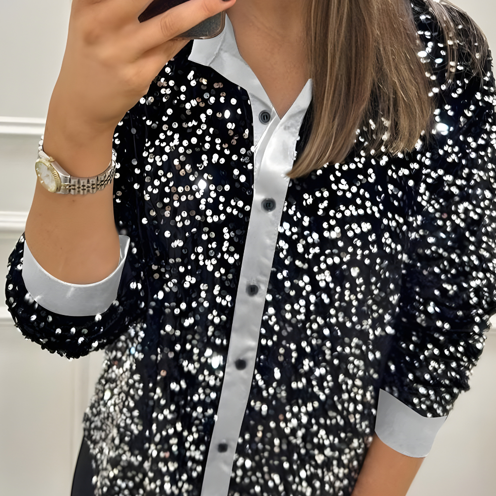Women's Sequin Sparkly Long Sleeve Party Blouse Elegant Top