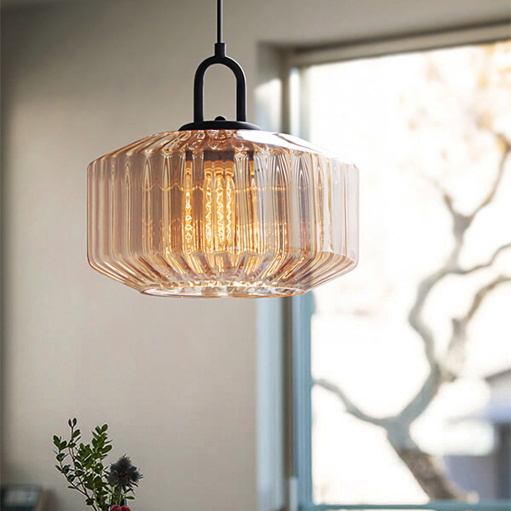 Lámpara colgante con pantalla de cristal verde rayado