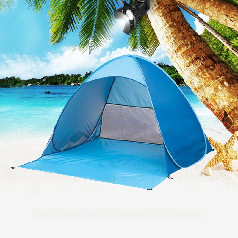 Tienda de playa con dosel de sombra y bolsa de transporte
