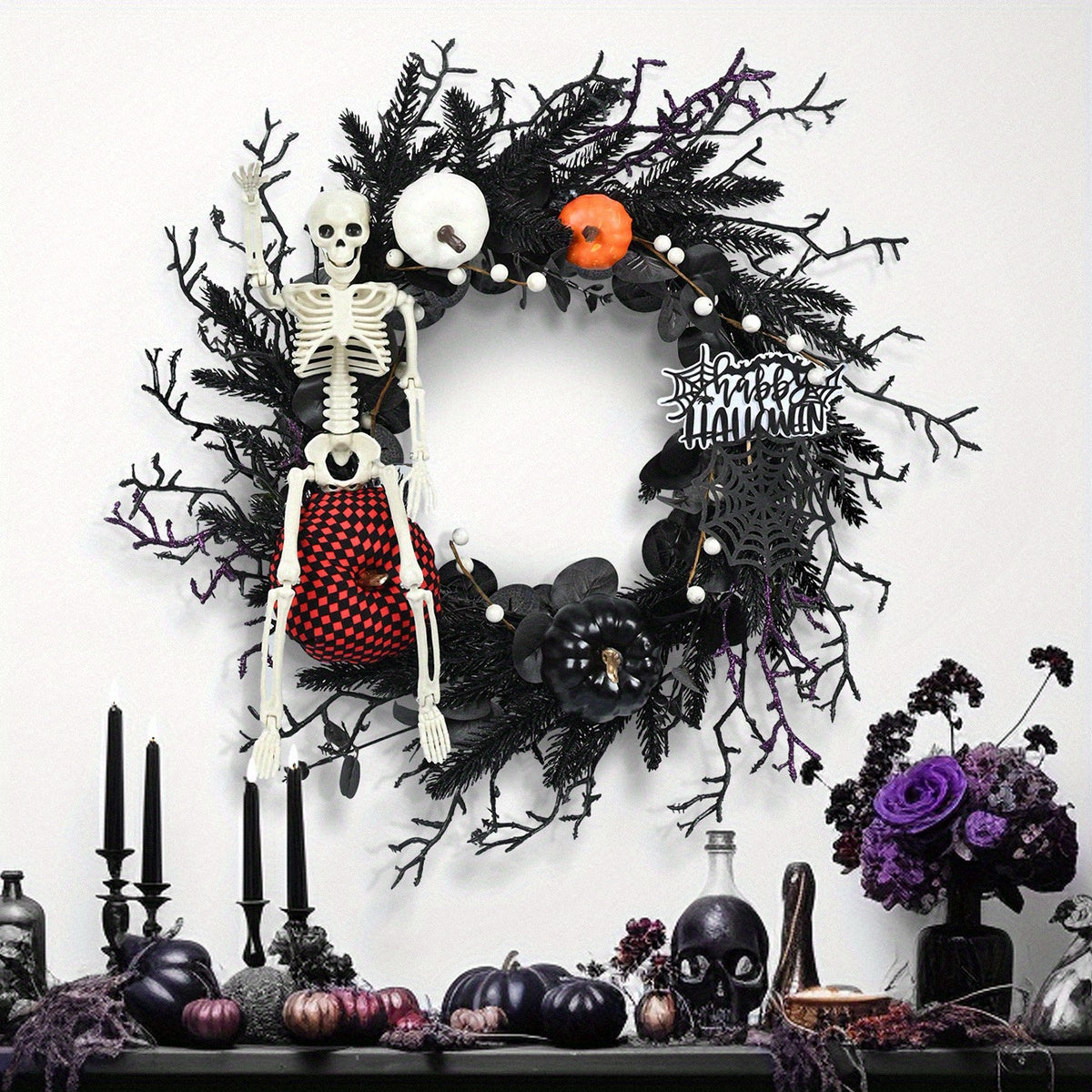 Corona de calabaza esqueleto gótica de Halloween | Decoración de pared espeluznante