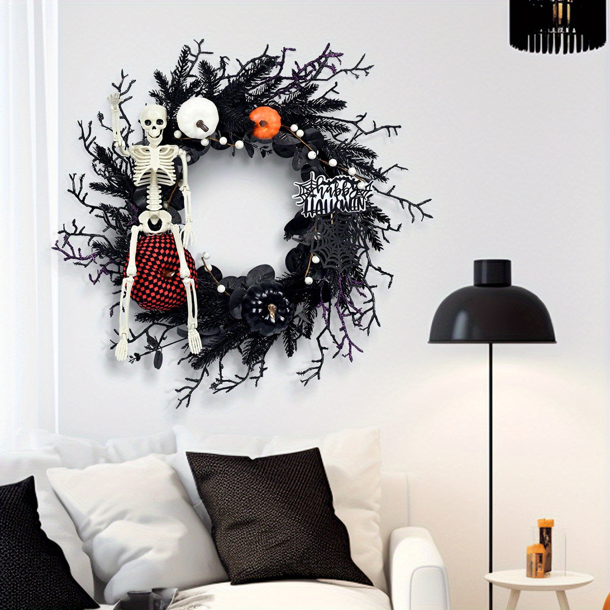 Corona de calabaza esqueleto gótica de Halloween | Decoración de pared espeluznante