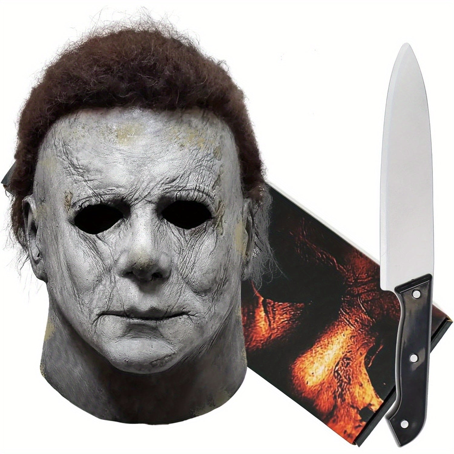 Męski realistyczny straszny zestaw masek na Halloween | Rekwizyt horror nóż