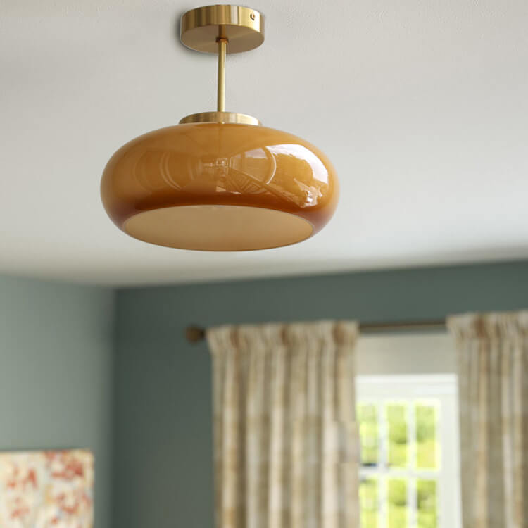 Lampada da soffitto vintage in vetro e ottone semi-incasso