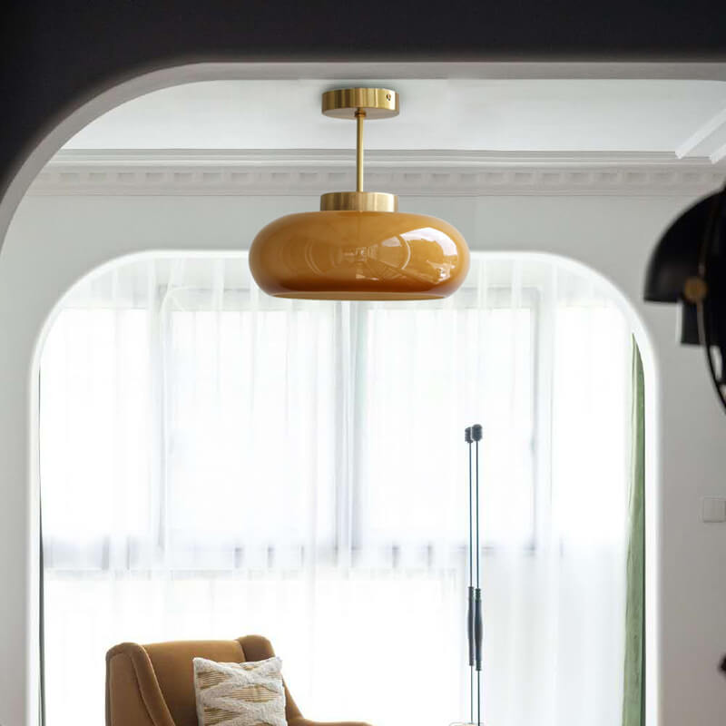 Lampada da soffitto vintage in vetro e ottone semi-incasso