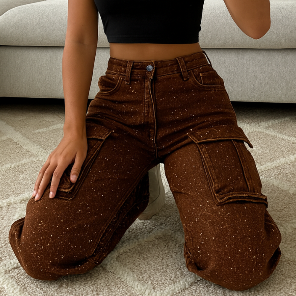 Damen Weite Bein Cargo Jeans Hoch Tailliert Lässig Reißverschluss Taschen