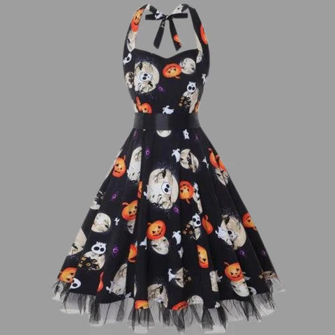 Vestido de Disfraz Vintage de Halloween para Mujer | Mini Calabaza sin Mangas