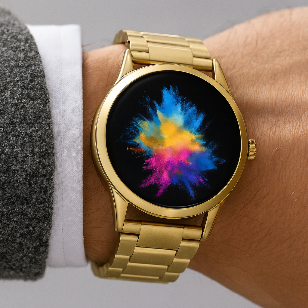 Reloj inteligente correa metálica dorada pantalla Amoled