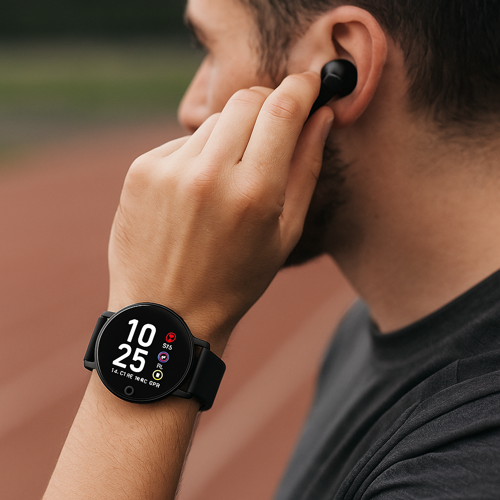 Zestaw smartwatcha, opaski fitness i bezprzewodowych słuchawek dousznych