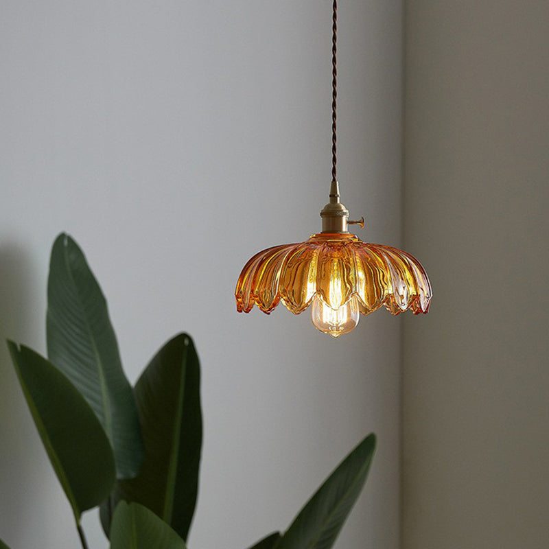 Lampada a sospensione in vetro con paralume floreale vintage