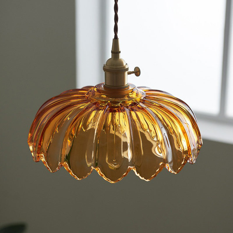 Lampada a sospensione in vetro con paralume floreale vintage
