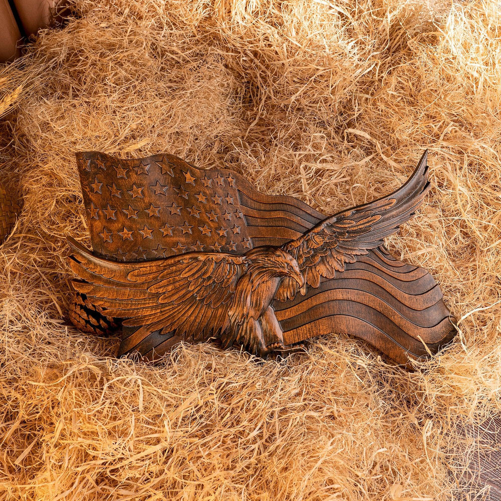 Art mural en bois drapeau américain Aigle sculpté à la main Décoration patriotique