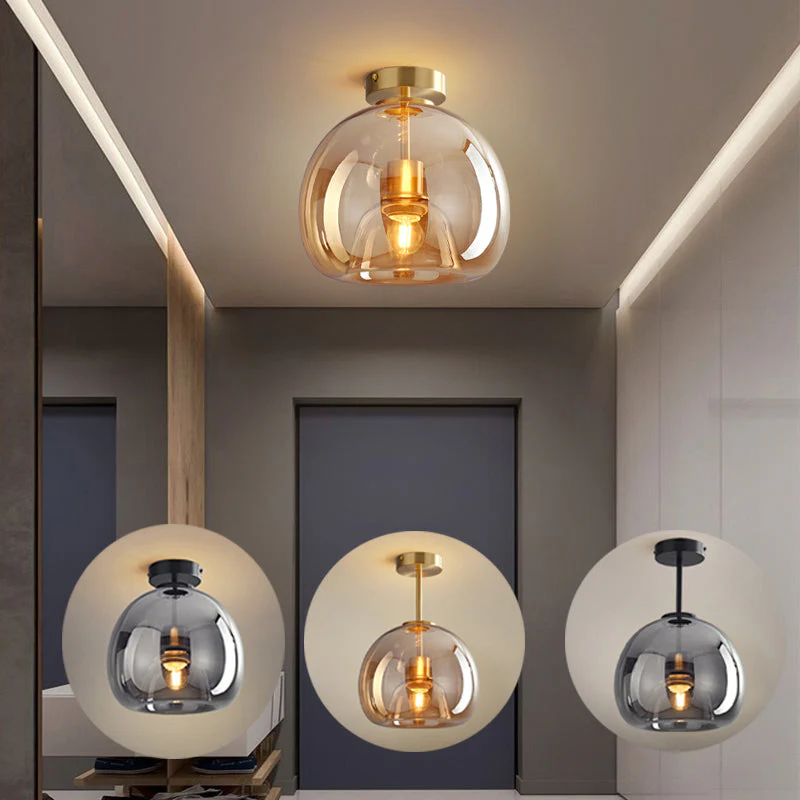 Set of 2 Contemporary Copper and Glass Ceiling Lights for Hallway - Stylish Modern Lighting Fixtures