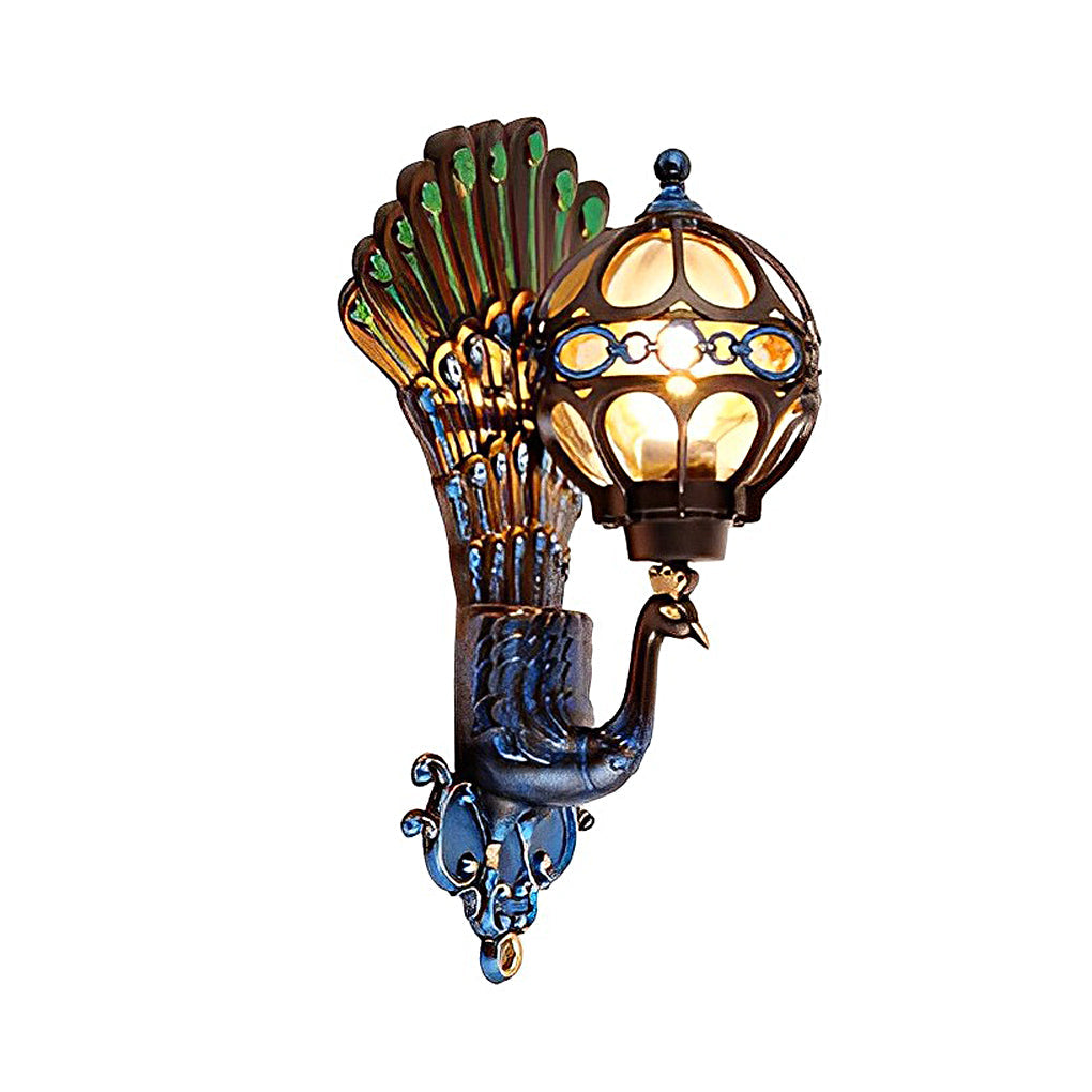 Zewnętrzna lampa ścienna z vintage'owym wzorem pawia