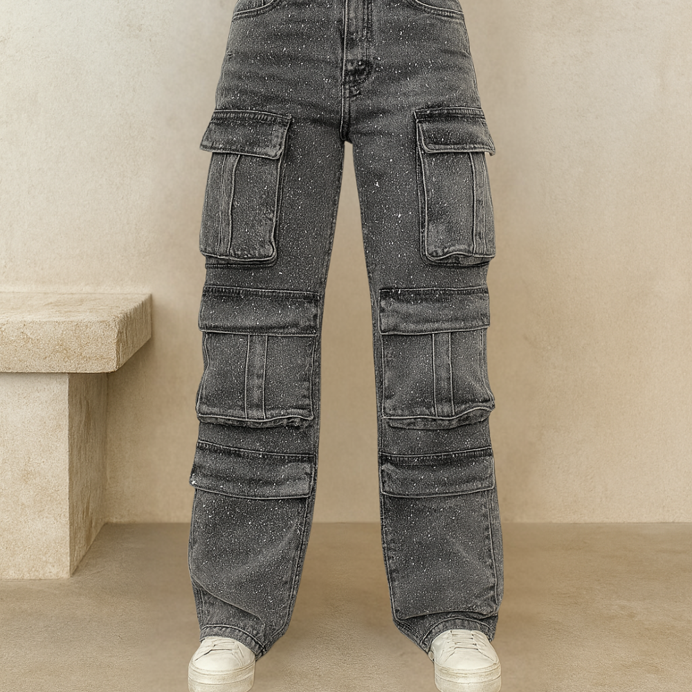 Damen Weite Bein Cargo Jeans Hoch Tailliert Lässig Reißverschluss Taschen