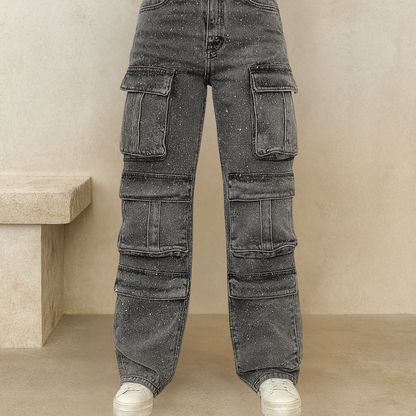 Damen Weite Bein Cargo Jeans Hoch Tailliert Lässig Reißverschluss Taschen