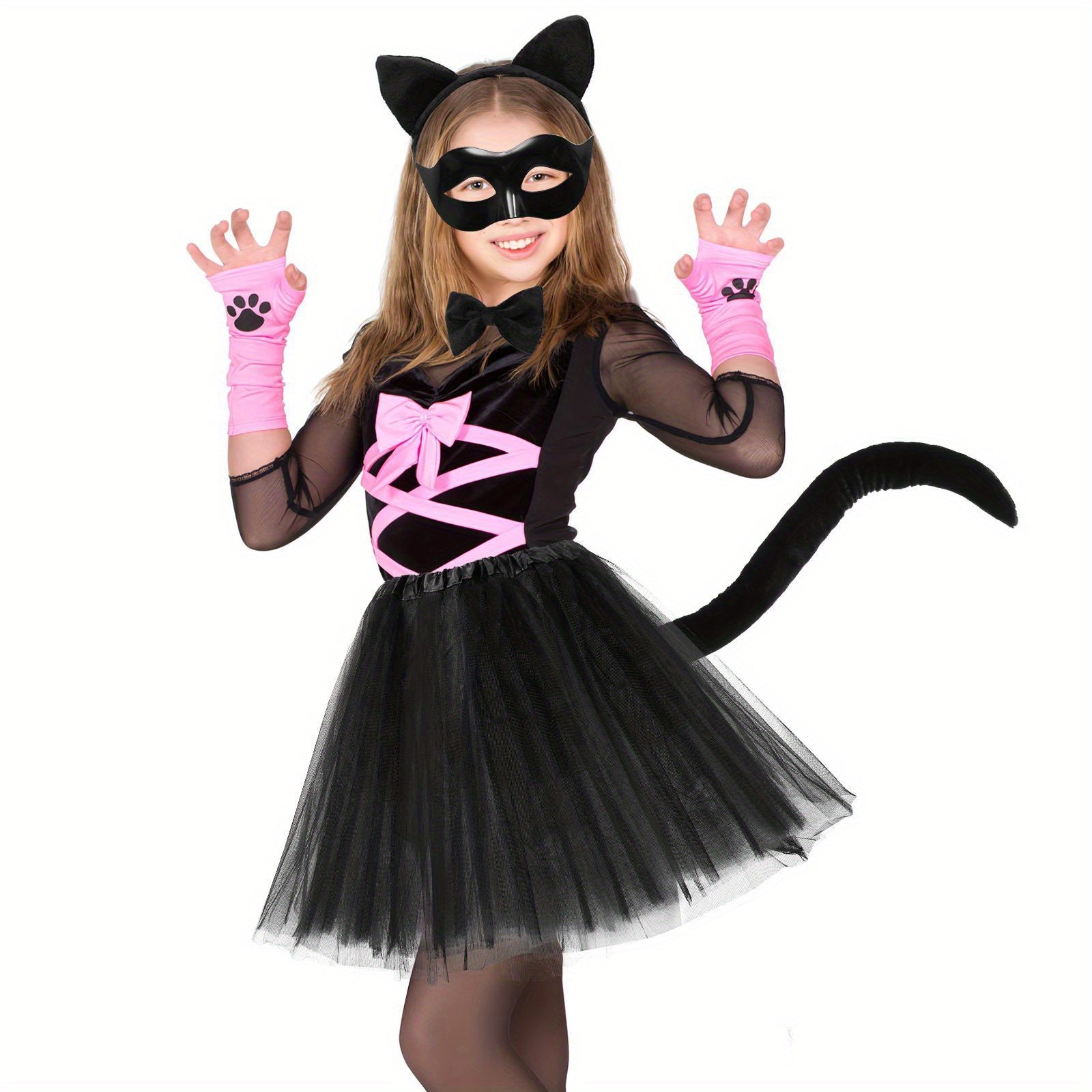 Set Costume Halloween Carino in Tulle per Ragazze | Maschera Gatto Guanti Coda