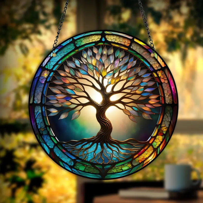 Panel colgante de arte de pared con vitrales de árbol