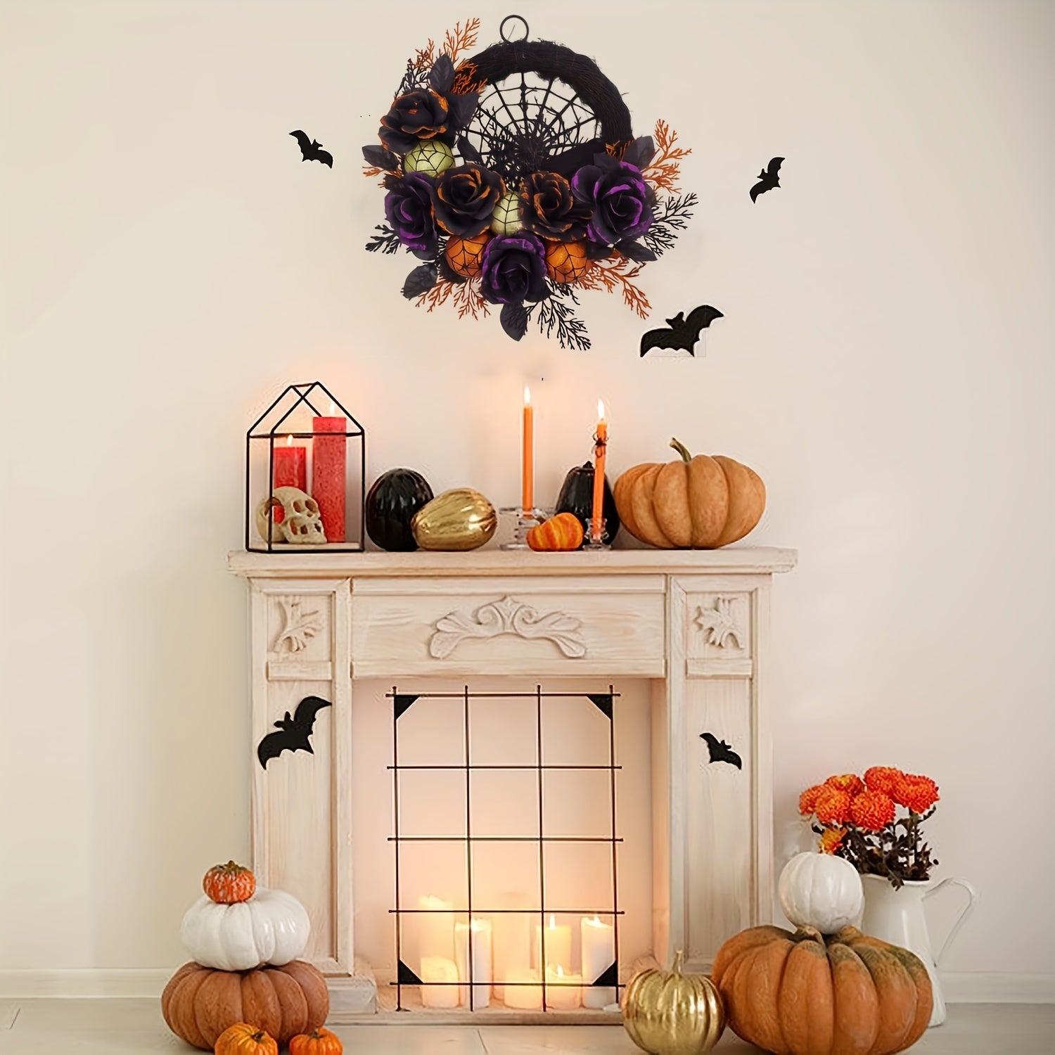 Corona gótica floral de telaraña de Halloween | Decoración espeluznante para puerta