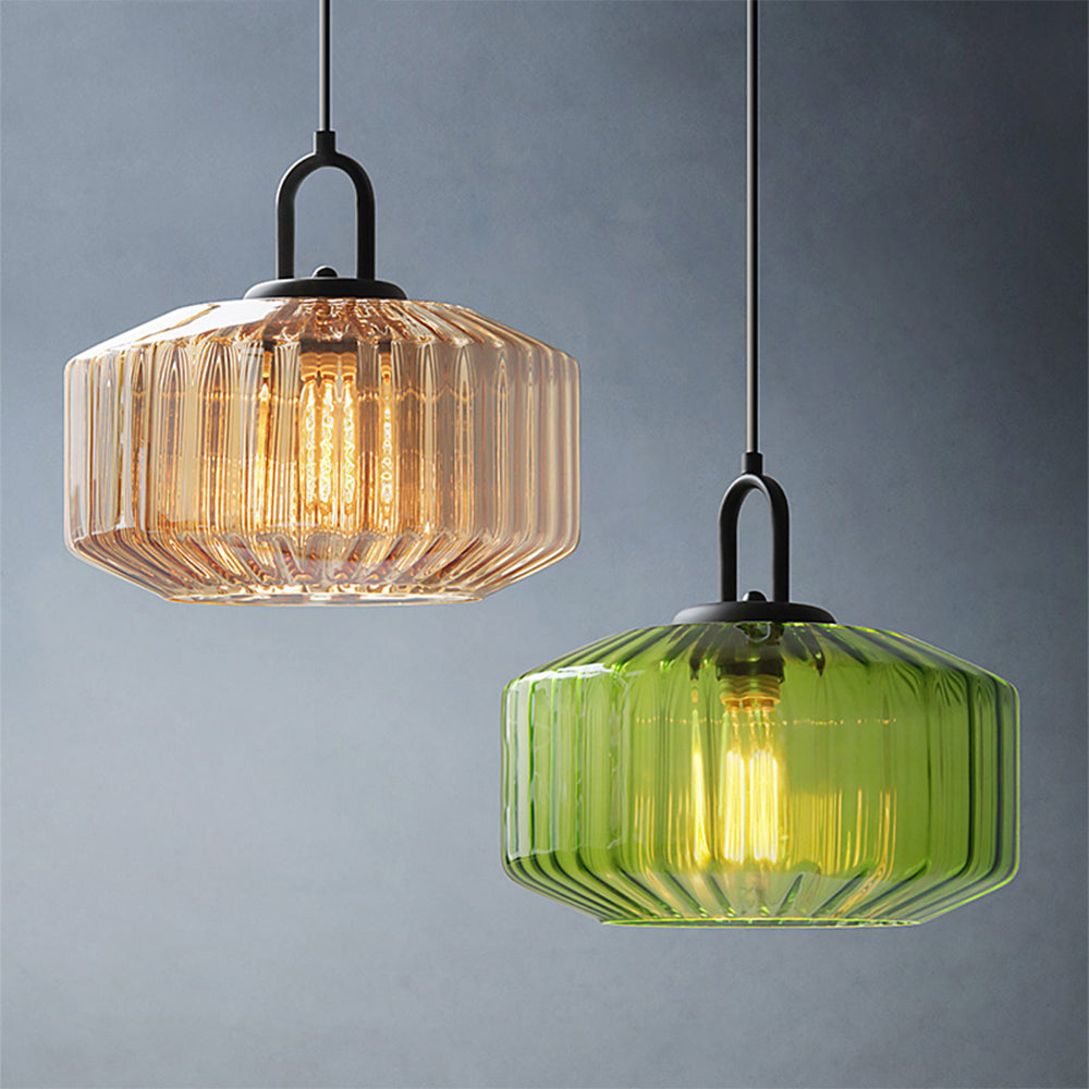 Lámpara colgante con pantalla de cristal verde rayado