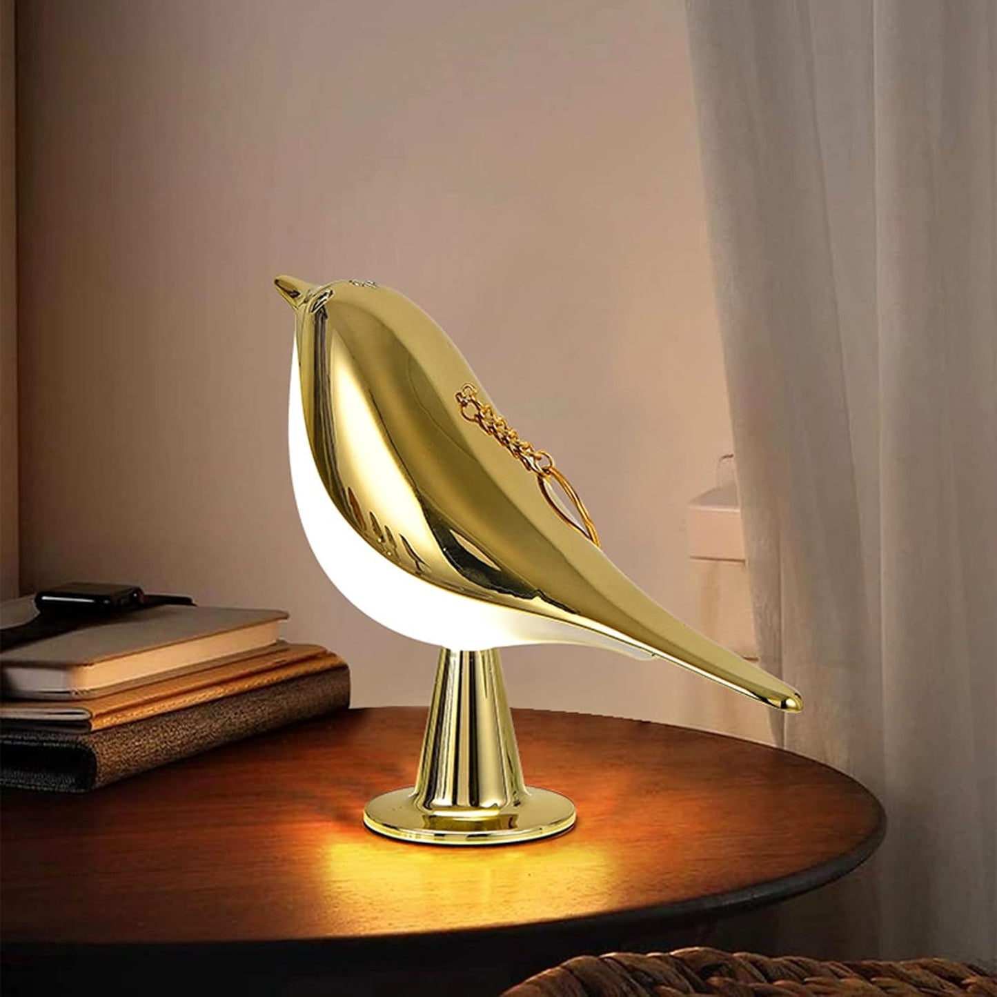 Moderne Holz-LED-Tischlampe im Vogel-Design