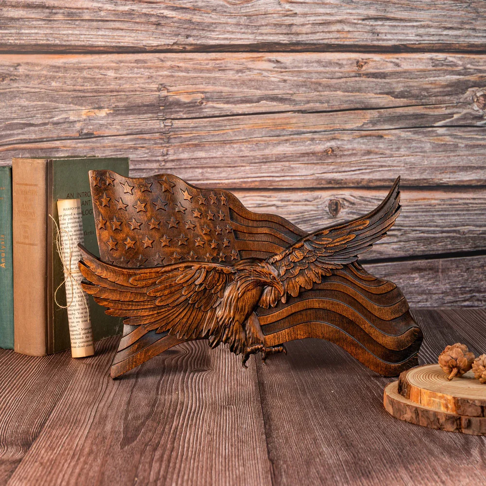 Arte de Pared de Madera con Bandera Americana Águila Tallada a Mano Decoración Patriótica