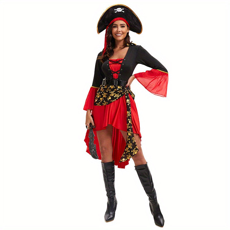 Costume da donna pirata con lacci per Halloween | Abito a maniche lunghe asimmetrico