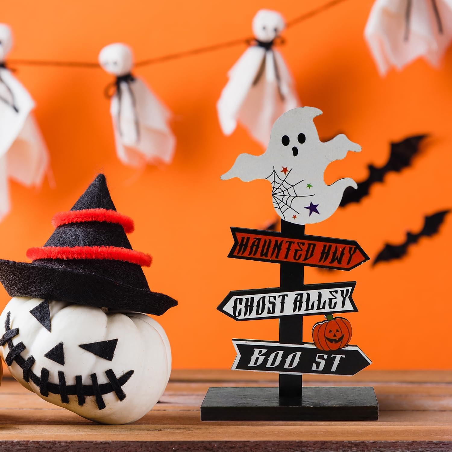 Adorno Decorativo de Mesa de Calabaza de Madera para Halloween
