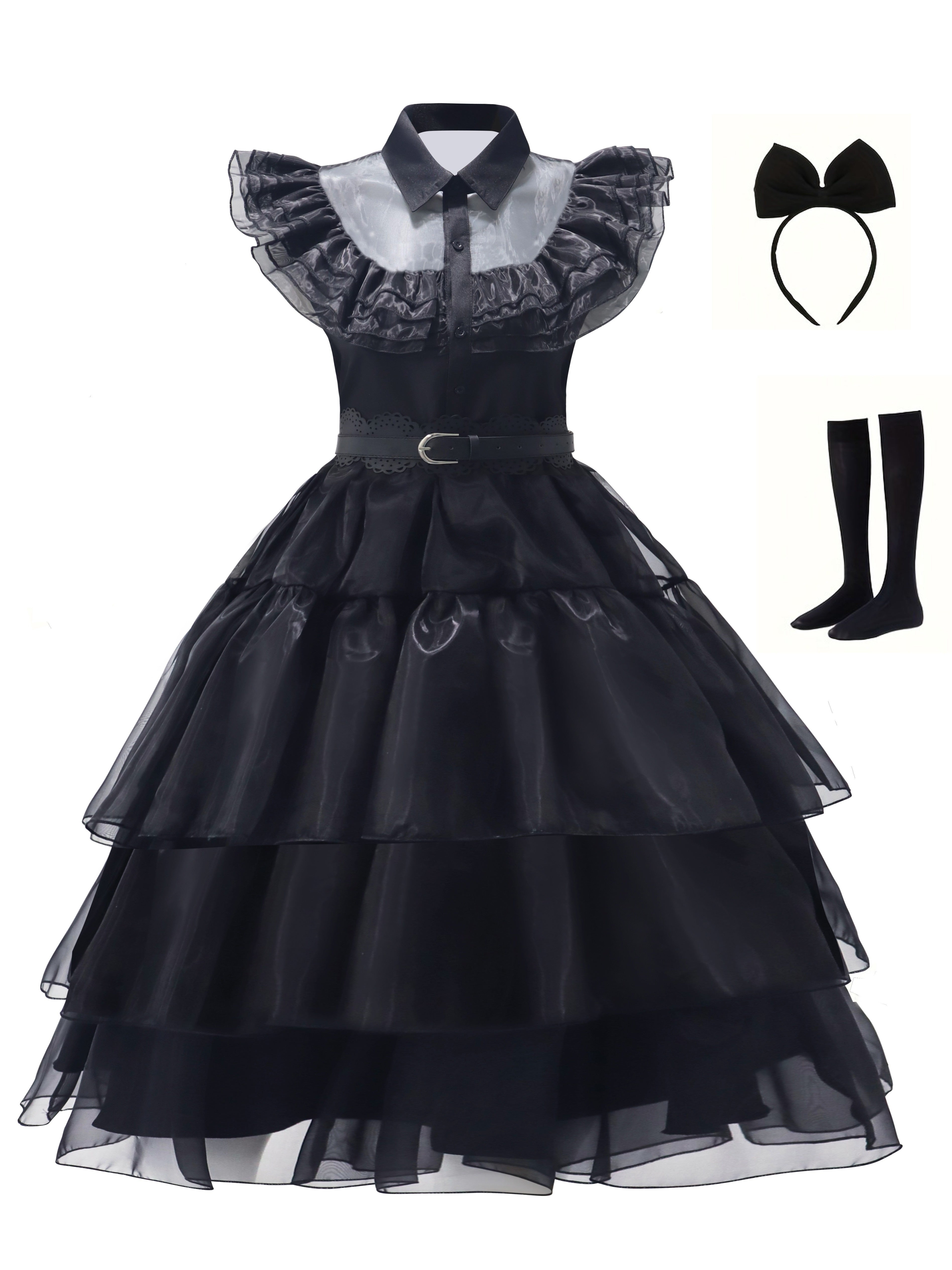 Vestido de disfraz de película de Halloween gótico con volantes para mujer | Conjunto midi en capas