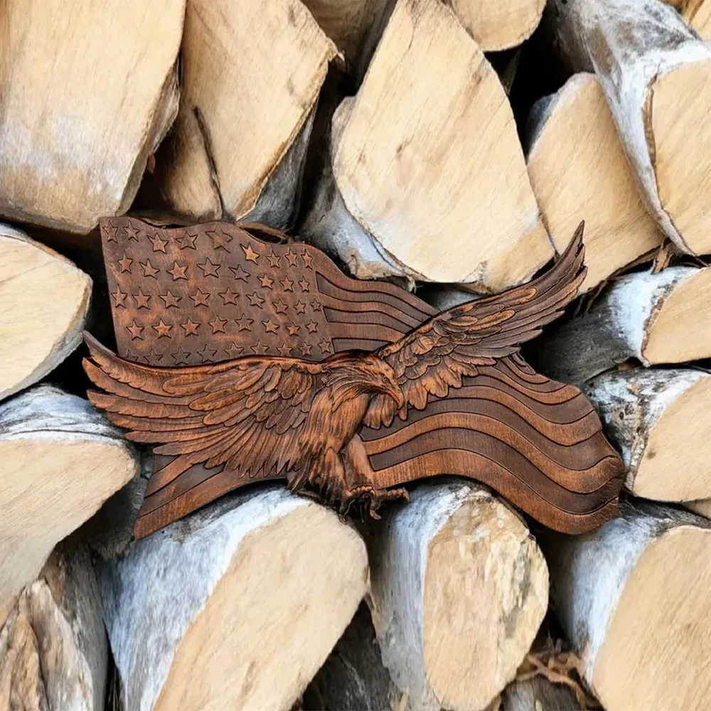 Arte de Pared de Madera con Bandera Americana Águila Tallada a Mano Decoración Patriótica
