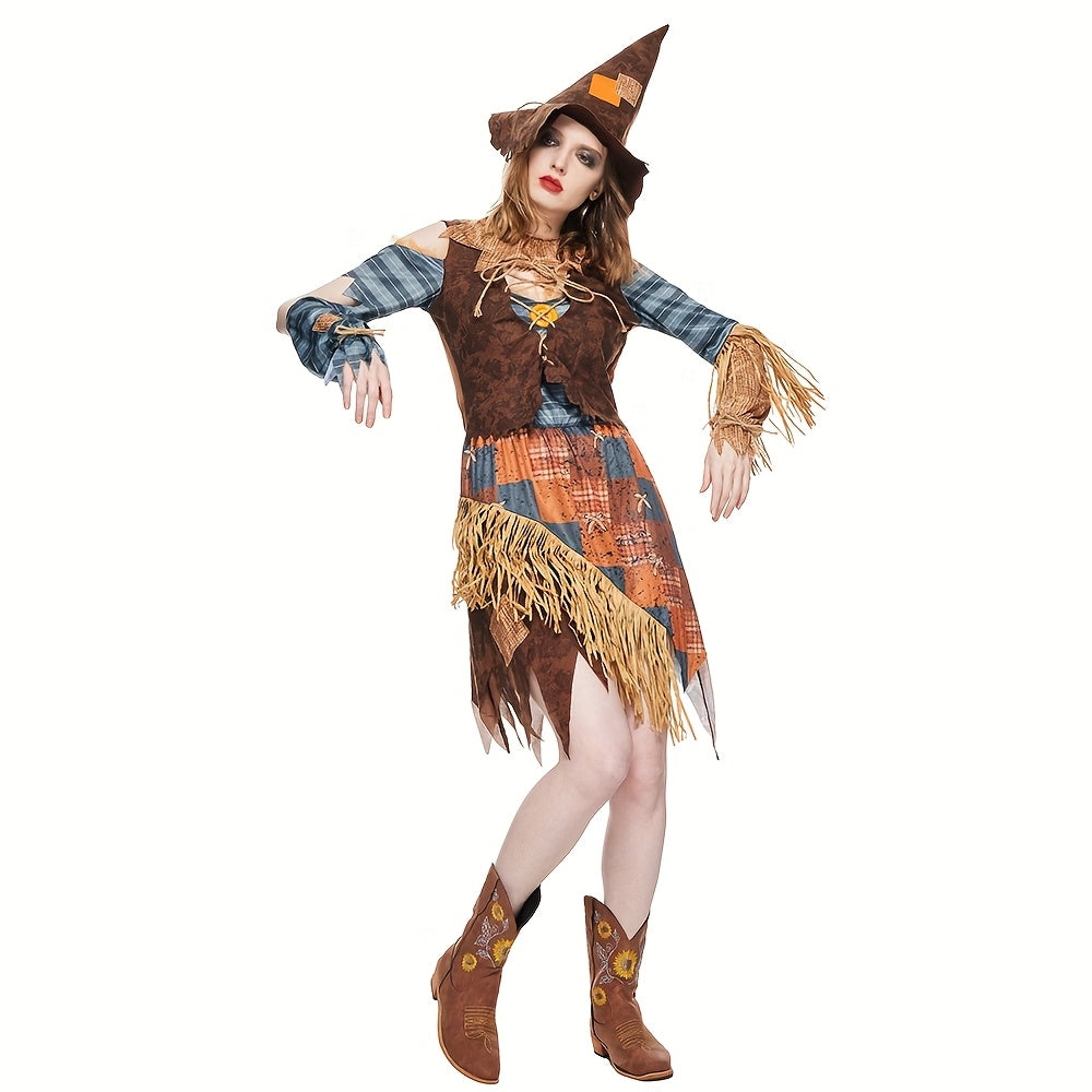 Vestido de disfraz de espantapájaros de Halloween para mujer con hombros descubiertos | Mini