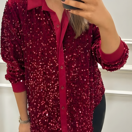 Women's Sequin Sparkly Long Sleeve Party Blouse Elegant Top