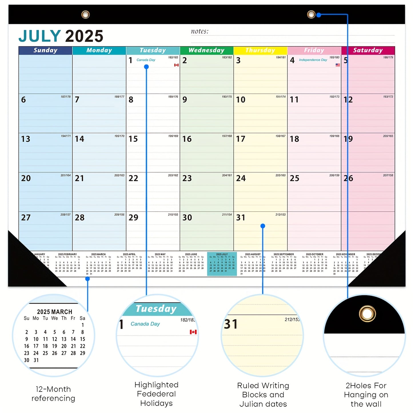 Calendrier mural avec grande vue mensuelle écrivable