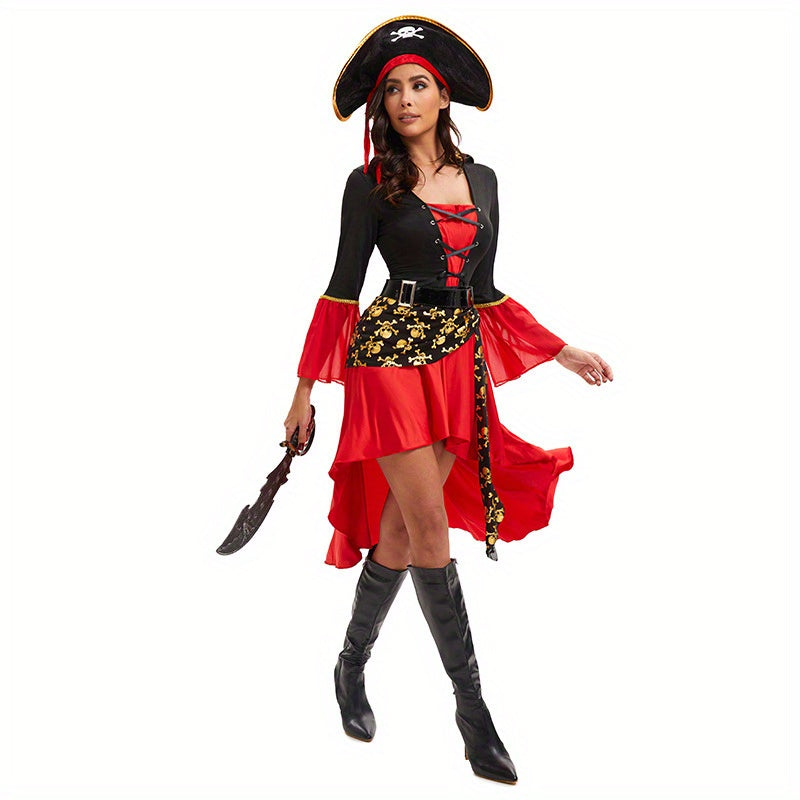 Costume da donna pirata con lacci per Halloween | Abito a maniche lunghe asimmetrico