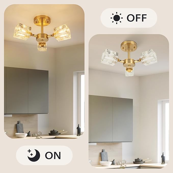 Lámpara de techo de cristal con montaje semi empotrado dorado