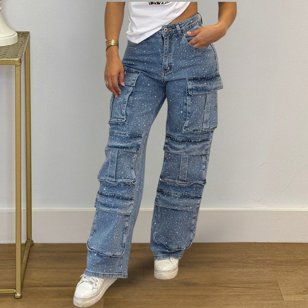 Damen Weite Bein Cargo Jeans Hoch Tailliert Lässig Reißverschluss Taschen